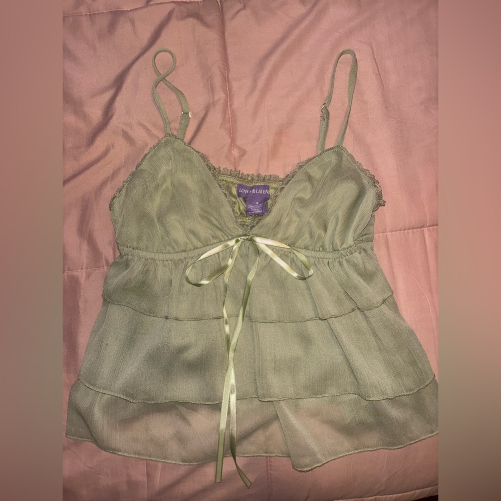 Love & Lavish Sage Green Tiered Satin Bow Cami
